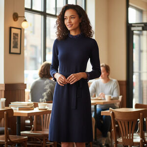 NWT Eliza J Navy XS blue knit dress with heart print neck sleeve hem Valentines